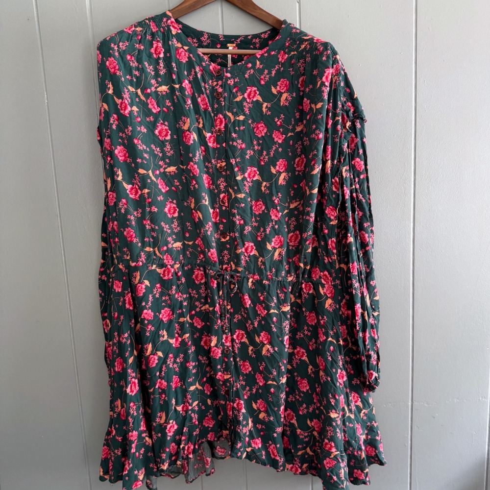 Free People Flower Fields Mini Dress Boho Long Sleeve Flowy Floral w/Buttons XL
